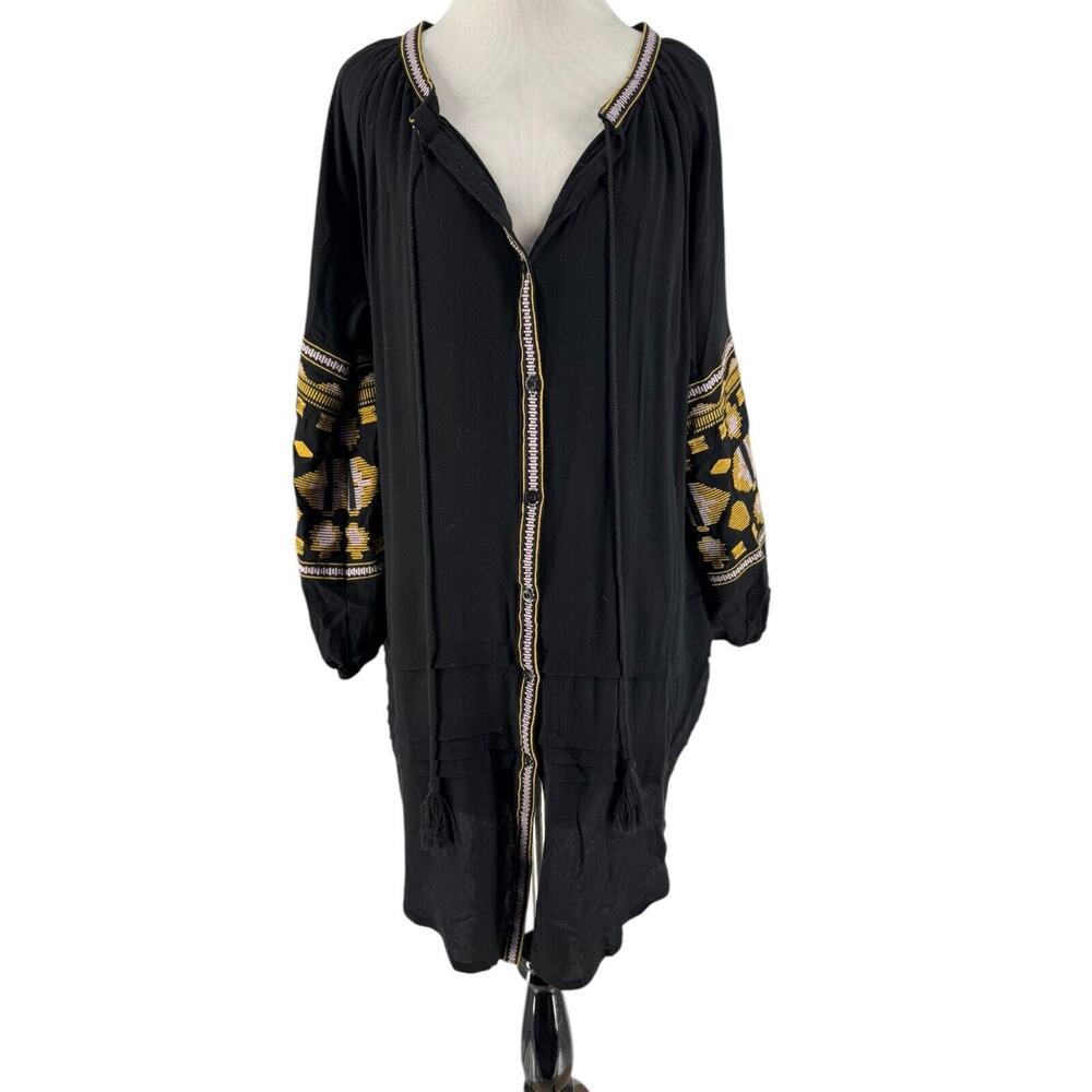 R. Vivimos Women's Black Embroidered Long Sleeve Button Front Boho Dress‎ Medium